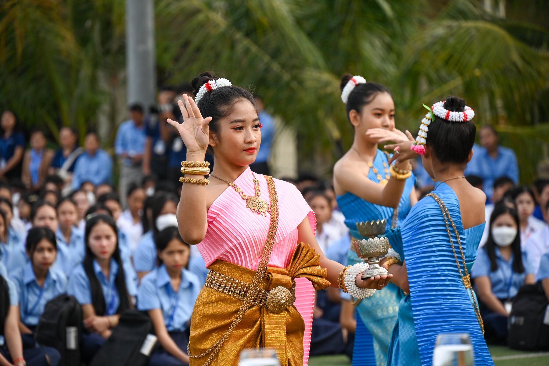 Khmer dancers in pink and blue traditional dress