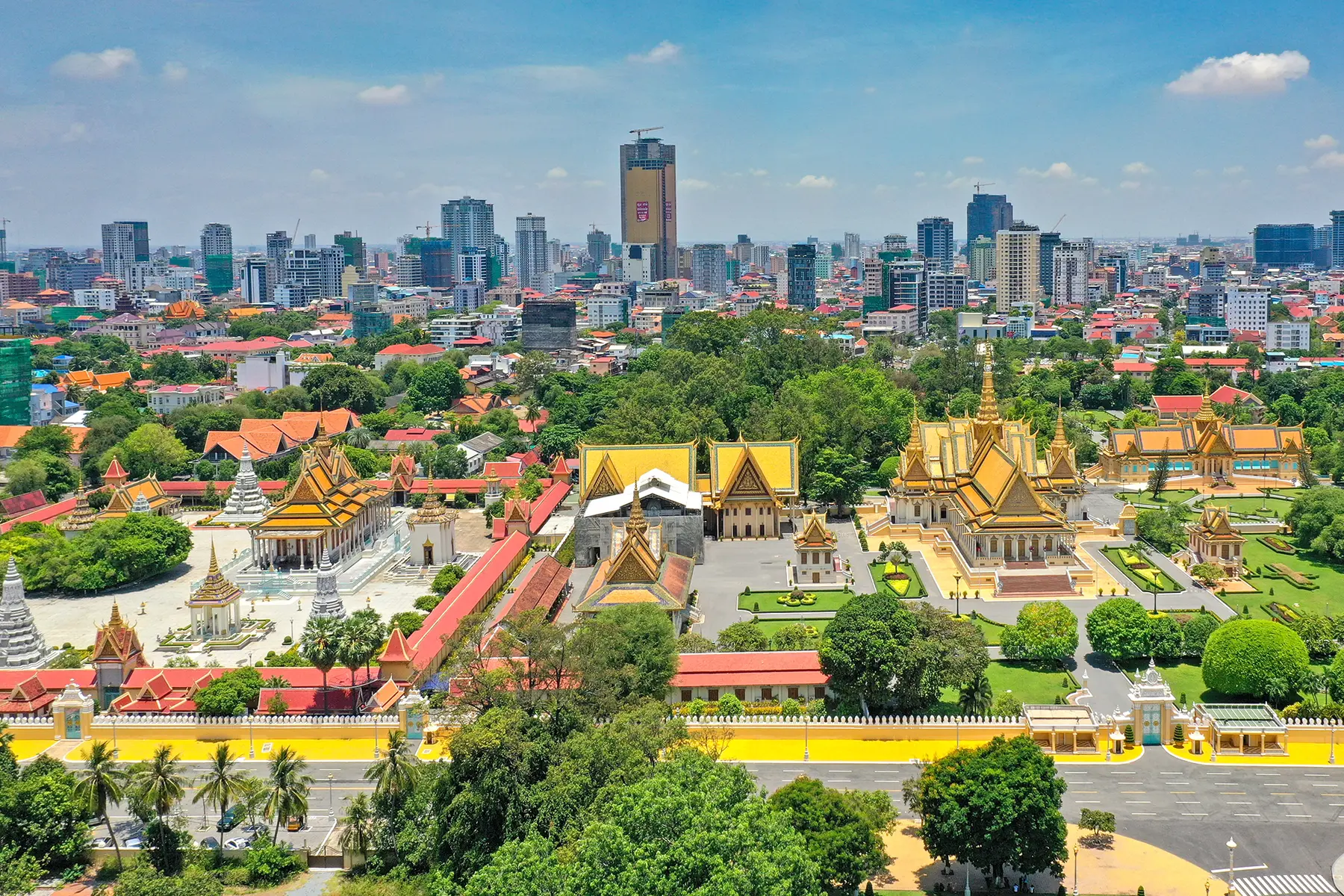 Royal Palace grounds beneath the Phnom Penh skyline