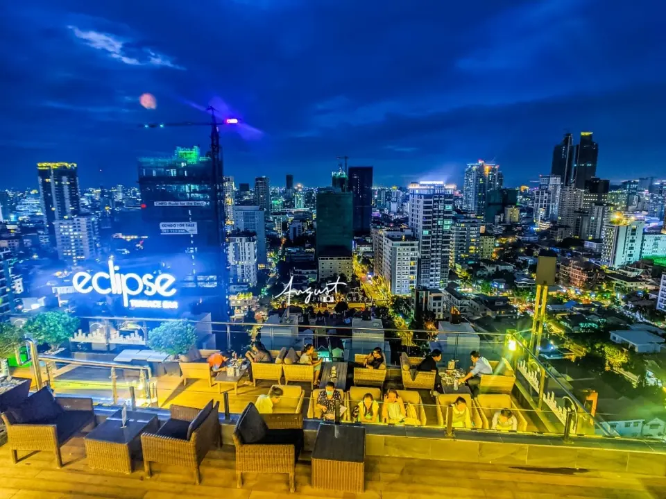 Phnom Penh skyline and rooftop nightlife after dark